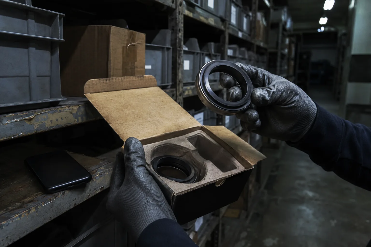 gloved hands lifting a mechanical seal face out of an opened parts kit box in a utility storeroom at night, steel shelving of labelled bins running back into the frame, a phone resting screen-down on the shelf edge