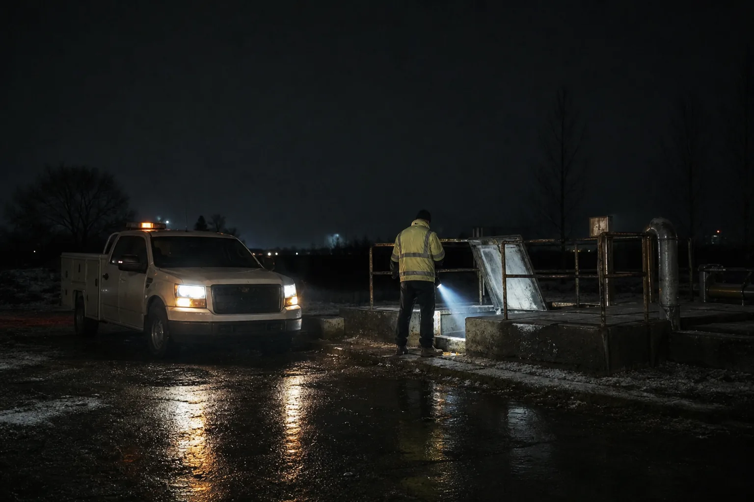a utility service truck at a remote lift station at night with headlights and an amber beacon washing across a concrete hatch and handrail, one operator in high-visibility outerwear at the open hatch with a torch, wet ground reflecting the light