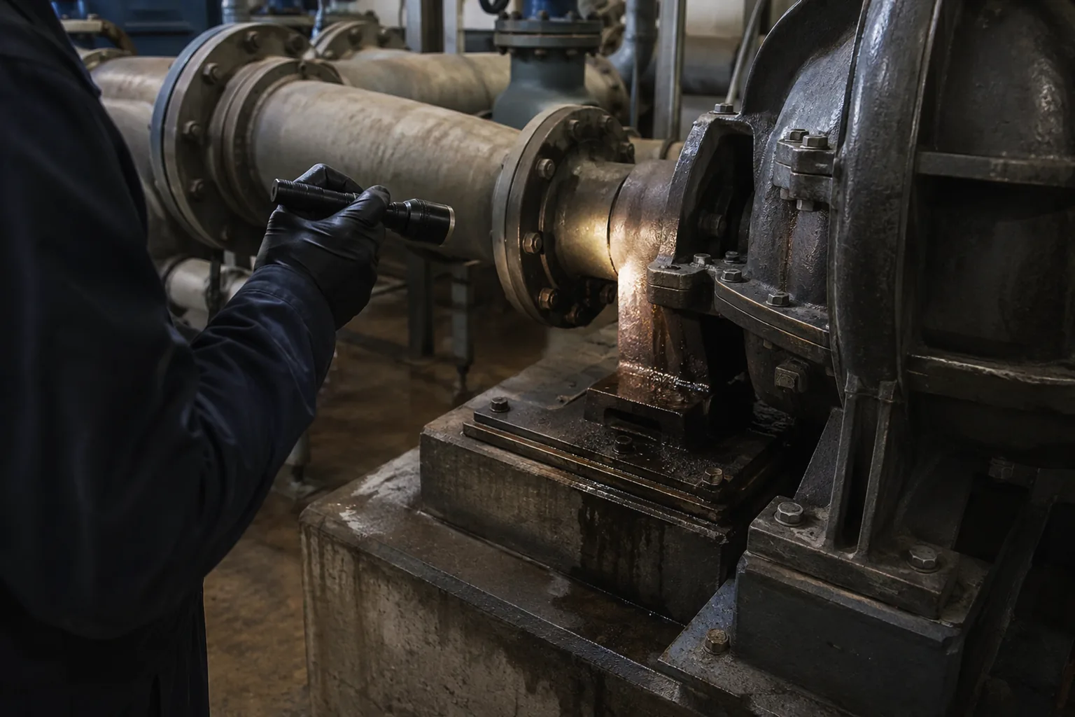 a maintenance technician in gloves holding an inspection torch close to the mechanical seal area of a dry-pit influent pump, water tracked down the casing onto the stained concrete plinth, heavy flanged pipework running away behind