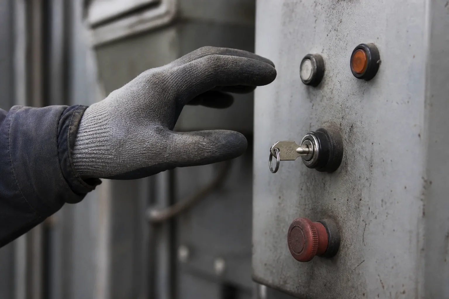a close view of a gloved operator hand paused just above a heavy industrial control panel carrying a keyed selector switch, a mushroom-head emergency stop and two indicator lamps, the hand deliberately still and not yet touching the switch
