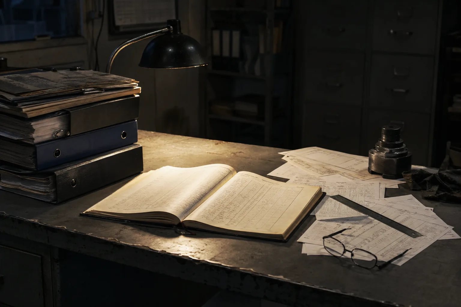 a maintenance office desk at night under a single lamp, an open handwritten equipment logbook ruled into columns, stacked ring binders of history, loose printed tables held by a steel rule and a pair of reading glasses, filing cabinets in shadow behind