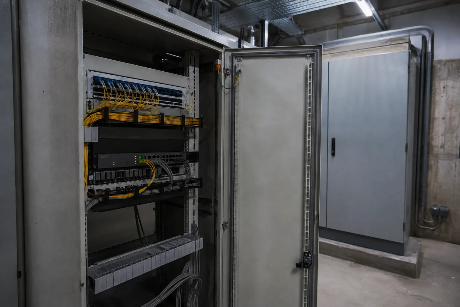 an industrial network cabinet standing open in a plant electrical room showing a fibre patch panel with dressed jumpers and a DIN-rail switch with small status lights, a second cabinet latched shut beyond it