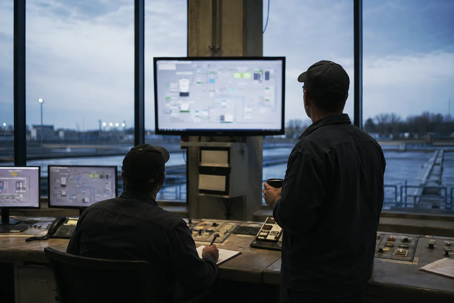 two plant operators mid-handover at a control room console before dawn, one seated writing on a clipboard and one standing with a mug, both looking at wall monitors carrying illegible process mimics, cold blue light in the windows behind