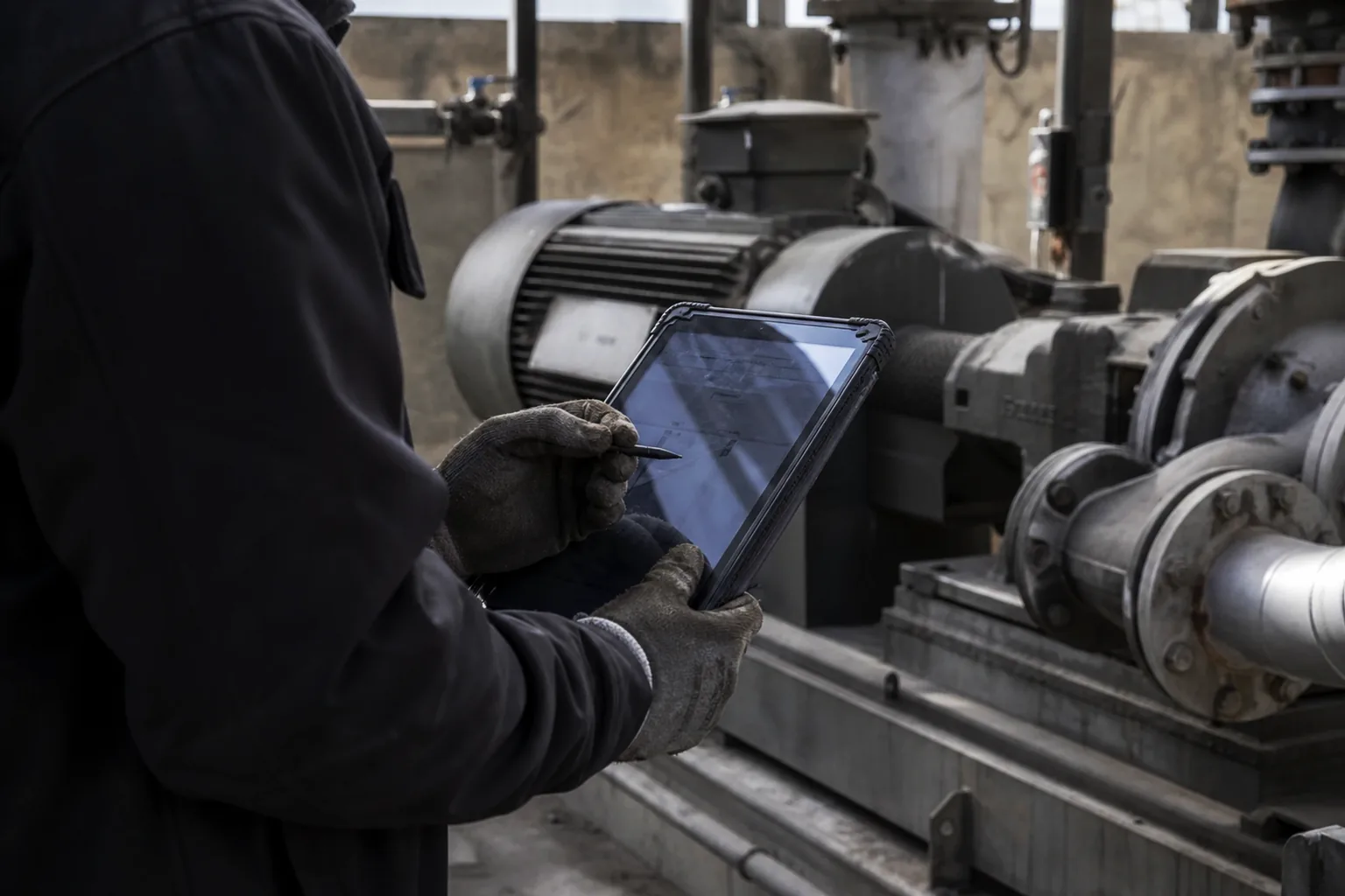 a maintenance technician at a pump skid recording work on a ruggedised tablet held in one greasy gloved hand, the pump coupling guard and painted pipework behind, daylight from a high window