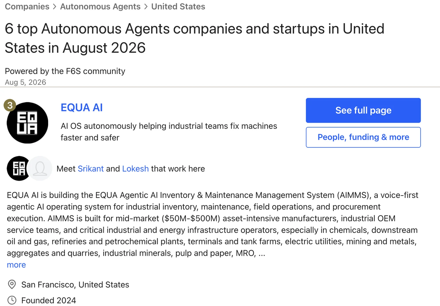 The F6S Autonomous Agents ranking page for the United States in August 2026, dated 5 August 2026, above the listing showing EQUA AI in third place