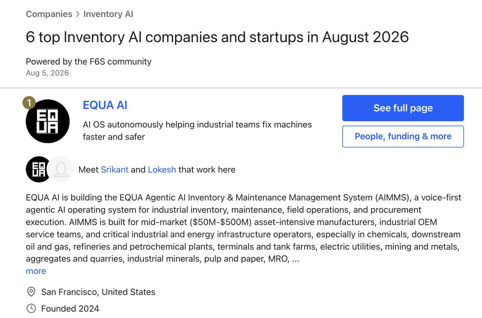 The F6S Inventory AI ranking page for August 2026, dated 5 August 2026 and powered by the F6S community, showing EQUA AI in first place