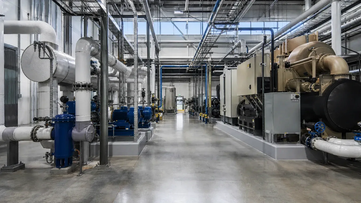 central cooling plant with chillers, chilled-water pumps, and overhead piping
