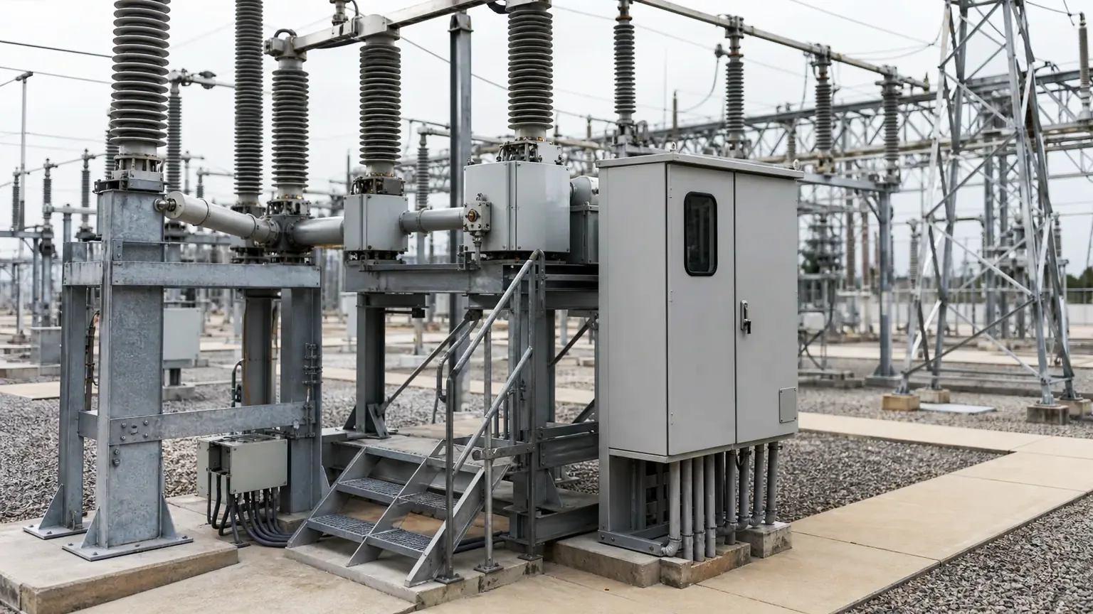 electric substation with breakers, insulators, control cabinets, and utility infrastructure