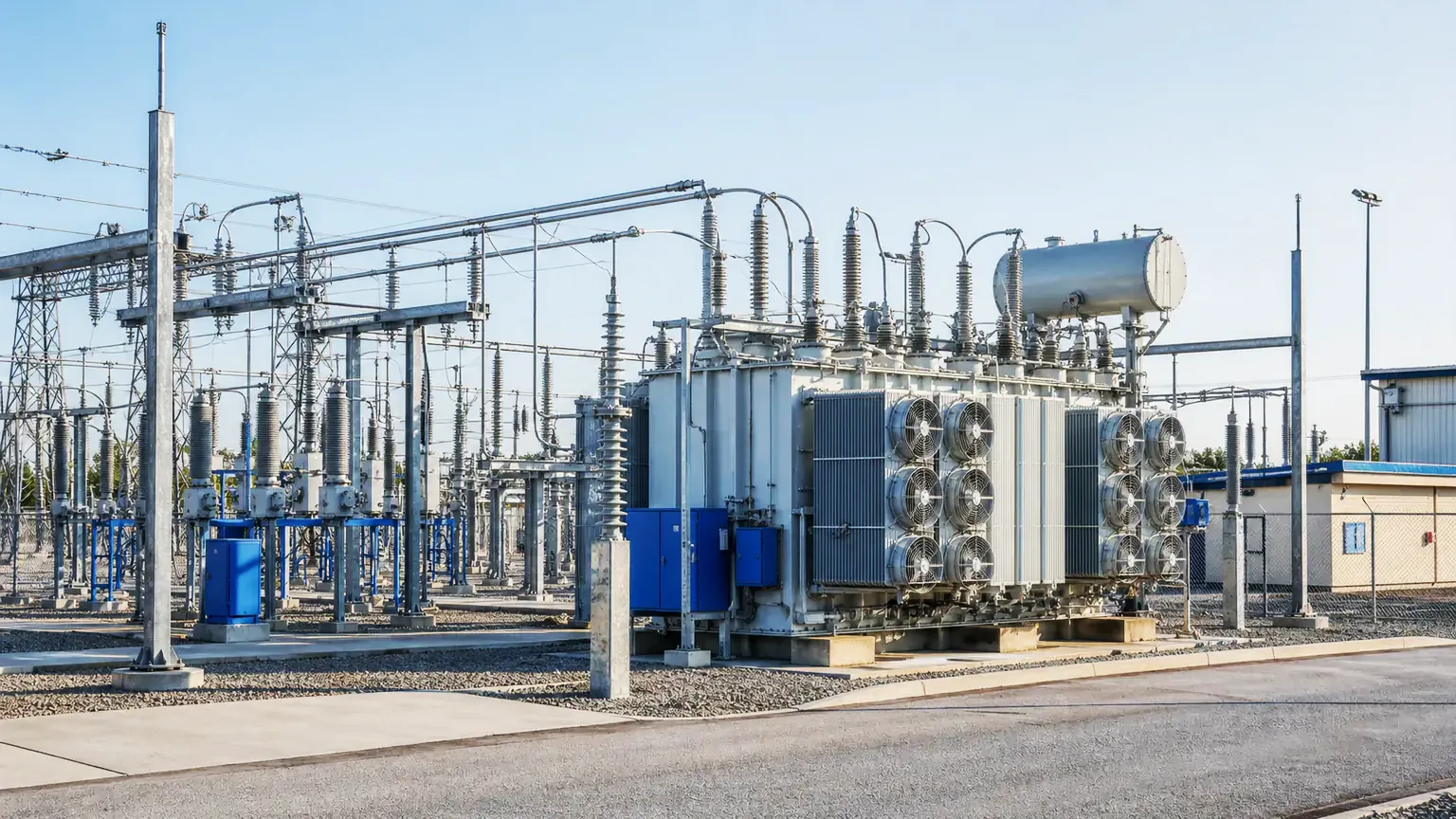 distribution substation with a power transformer, bus structures, and rows of insulator stacks