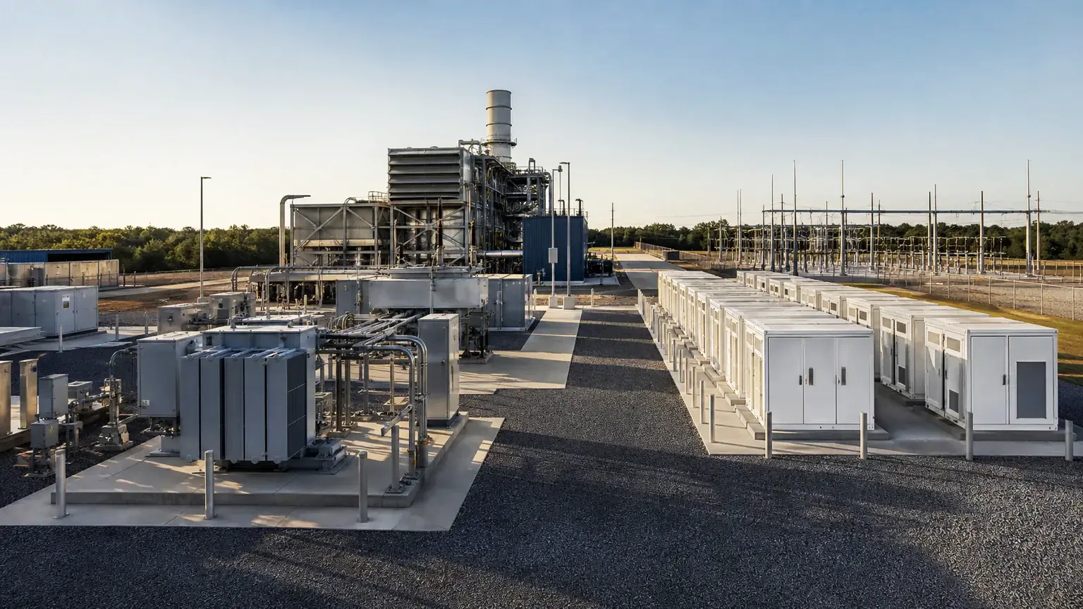 generation and storage plant equipment yard with transformers, cooling plant, and switchgear