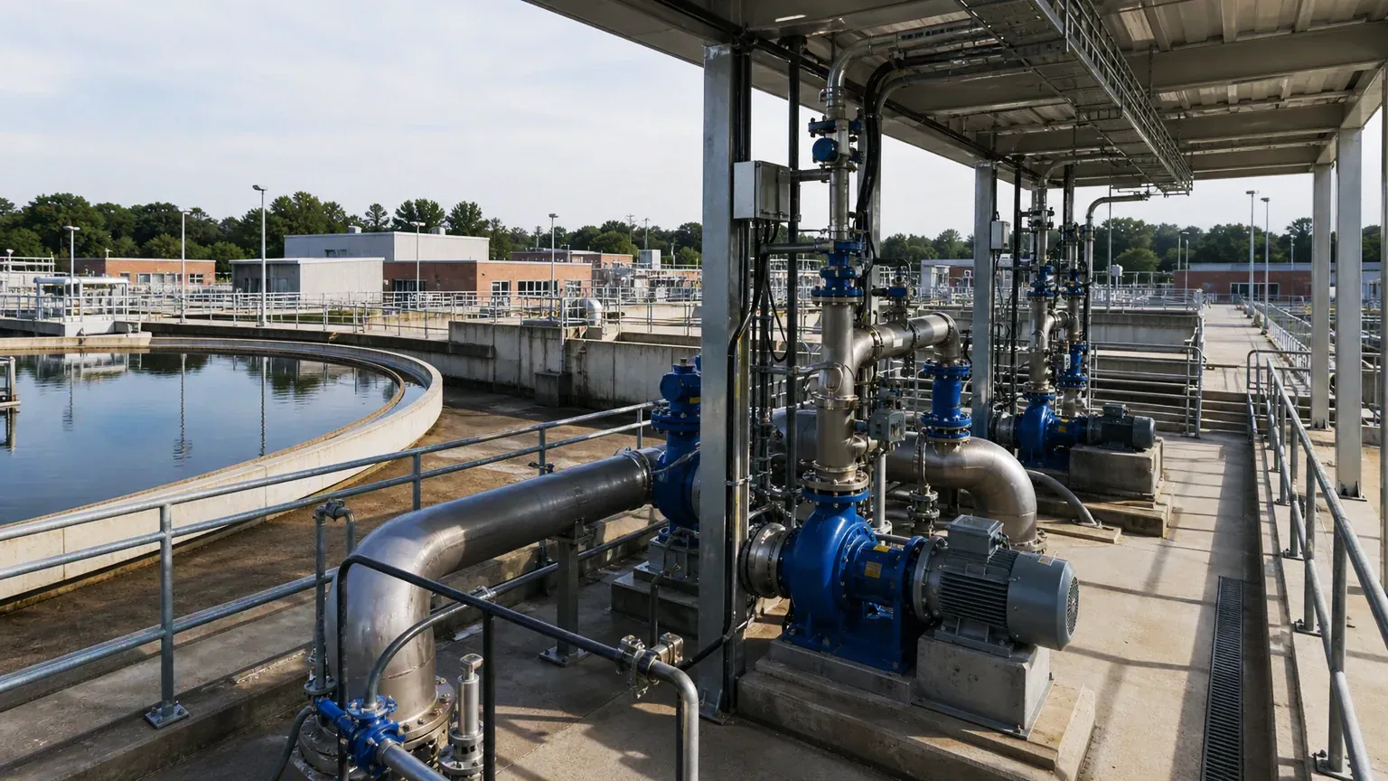 treatment plant deck: process piping and pump sets beside a circular clarifier basin.