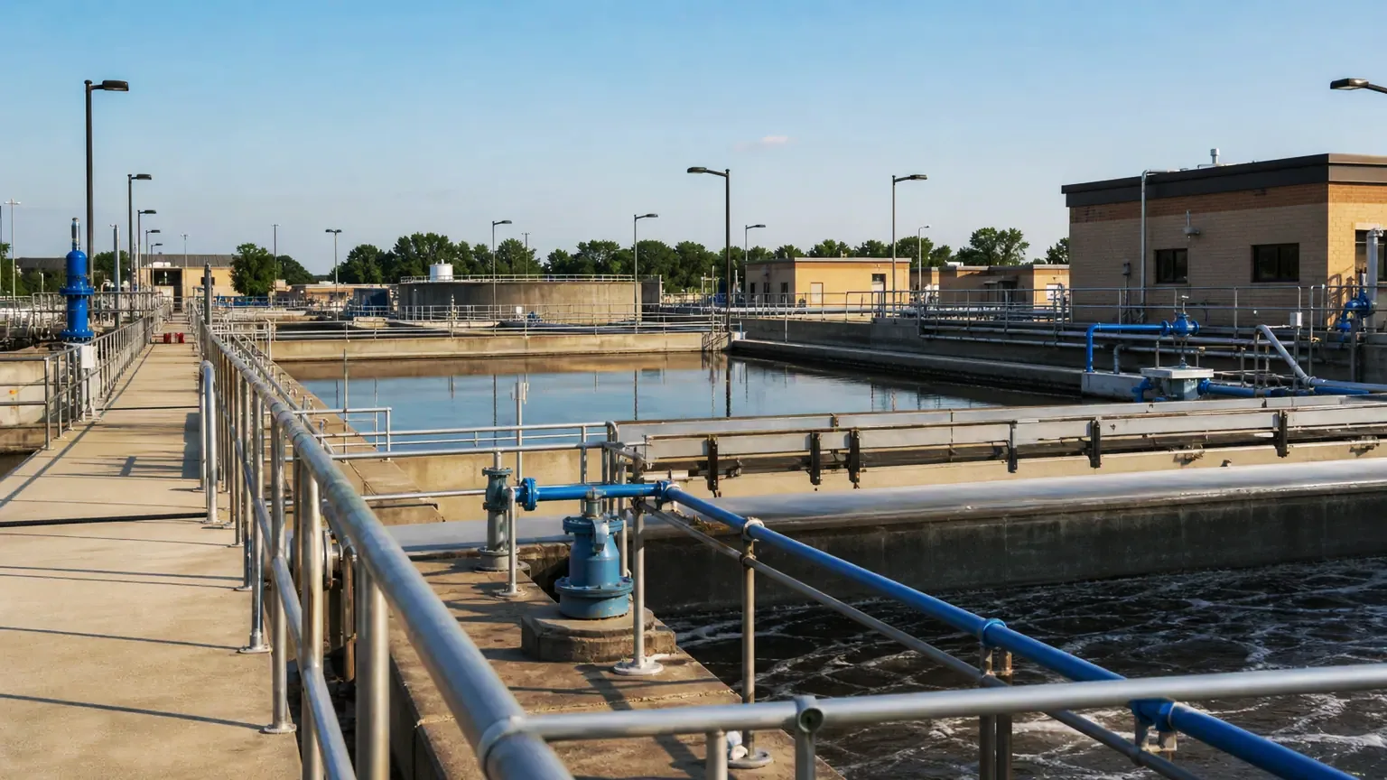 municipal wastewater treatment facility with basins, piping, and process equipment