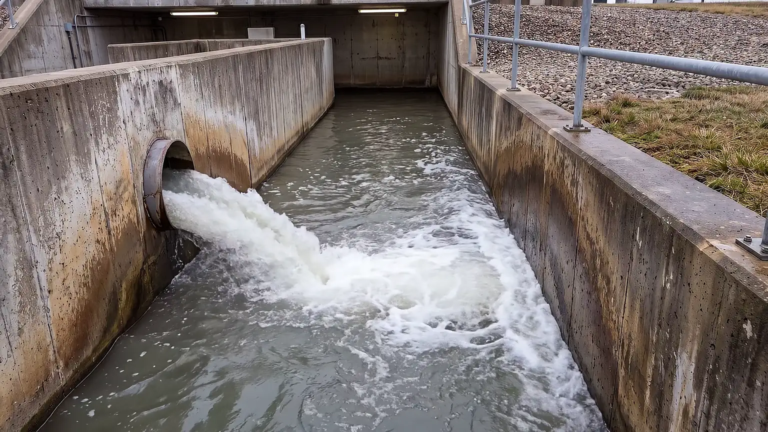 Treated water running hard out of a steel discharge pipe into an open concrete channel outside a municipal wastewater pumping station