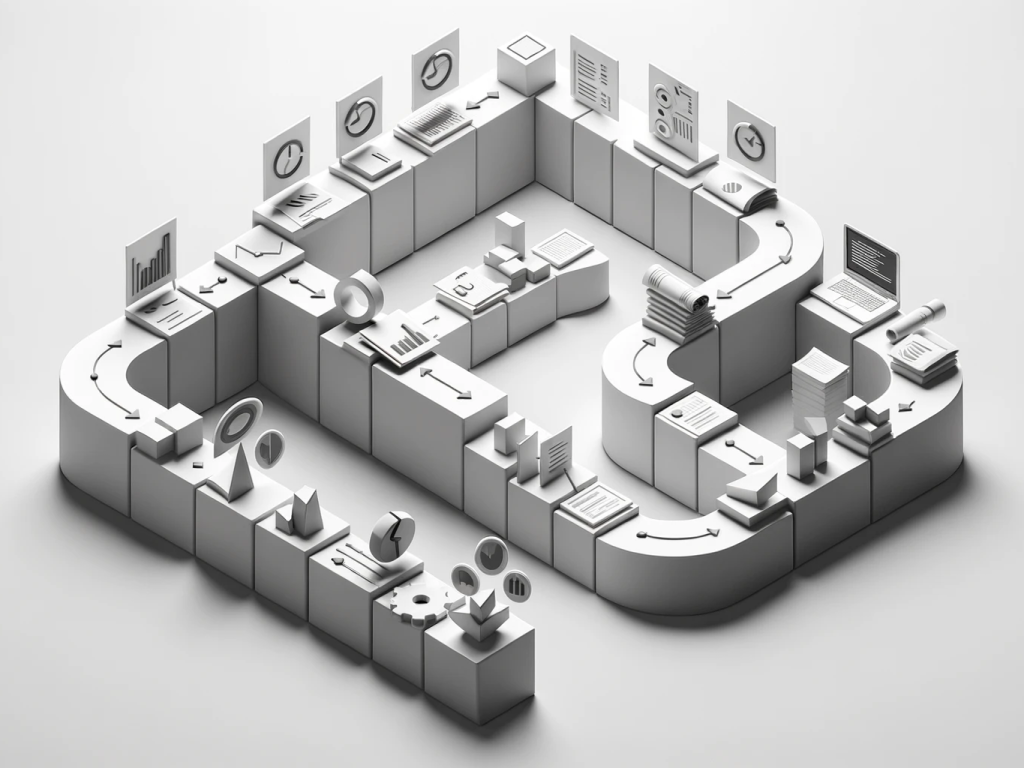 DALL·E 2023-10-11 19.52.56 - Simplistic 3D illustration in a 248_59 format for project management, rendered in a monochrome palette. Using geometric shapes, the artwork depicts a